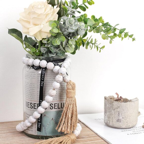 Wood Bead Garland Farmhouse Beads with Tassels,Farmhouse Tassel Garland Country - Picture 2 of 6